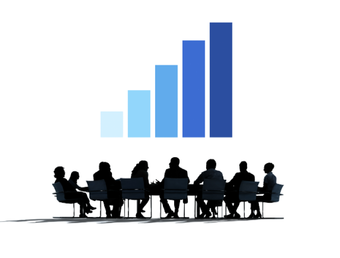 Team meeting and bar chart